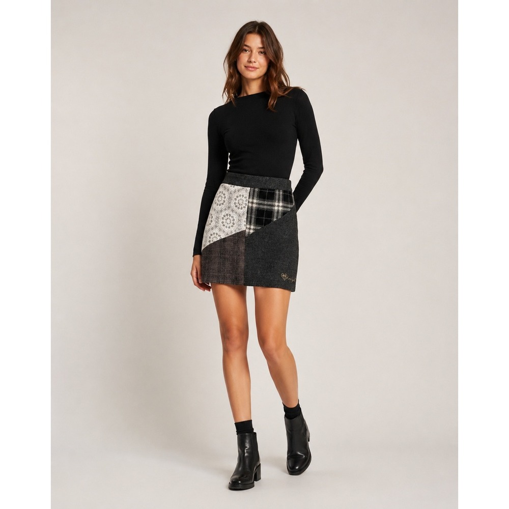 Desigual Mixed Media Grunge Mini Skirt Womens 36 (8) Black Gray Wool Blend Lined